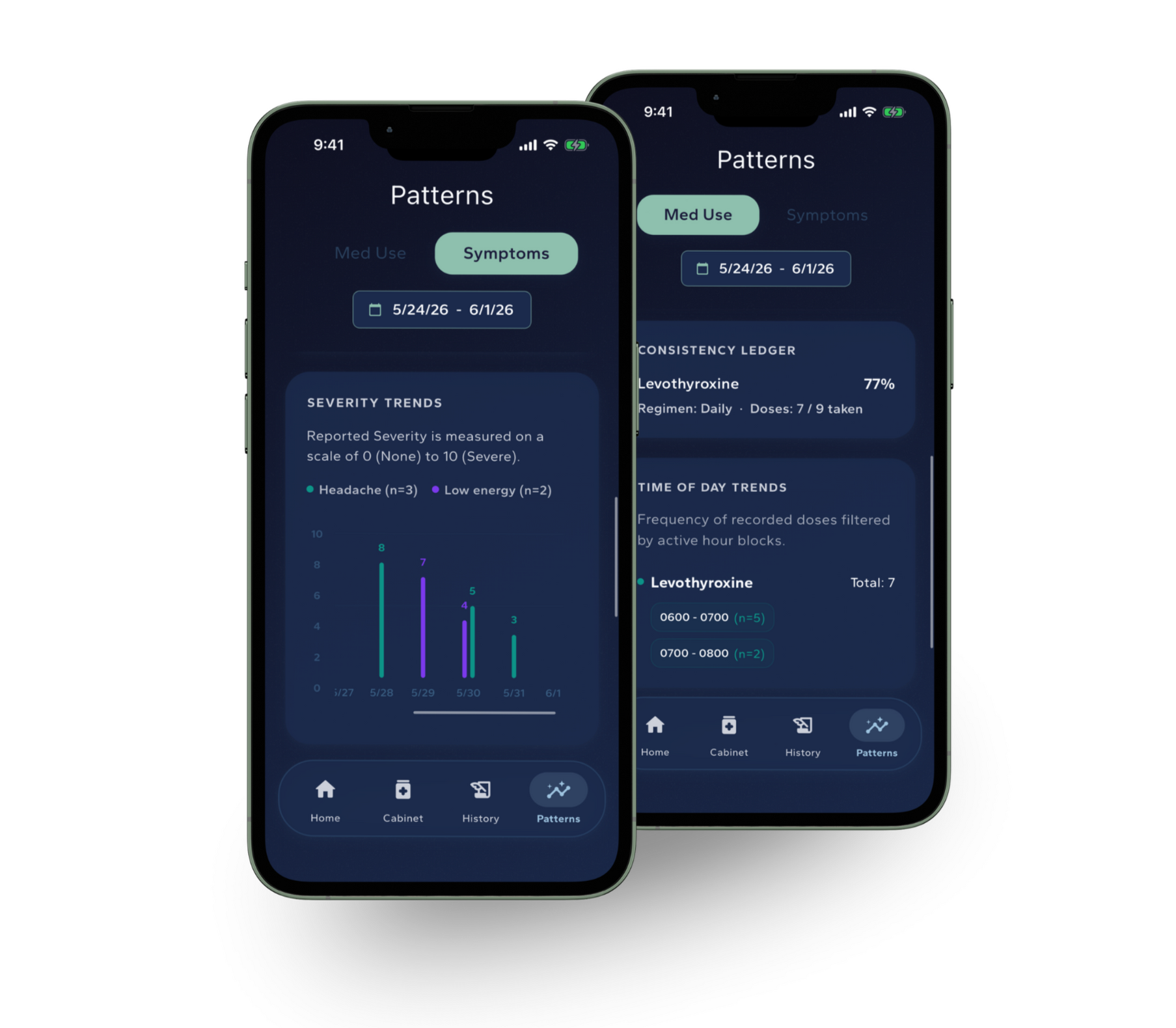 PillKeep App Patterns- Symptoms and Med Use Consistency Tracking user interface screenshots Two dark-themed smartphones displaying PillKeep's local data visualization screens: a high-contrast teal and purple Symptom Severity trend chart and a clinical Consistency Ledger tracking medication adherence percentages.