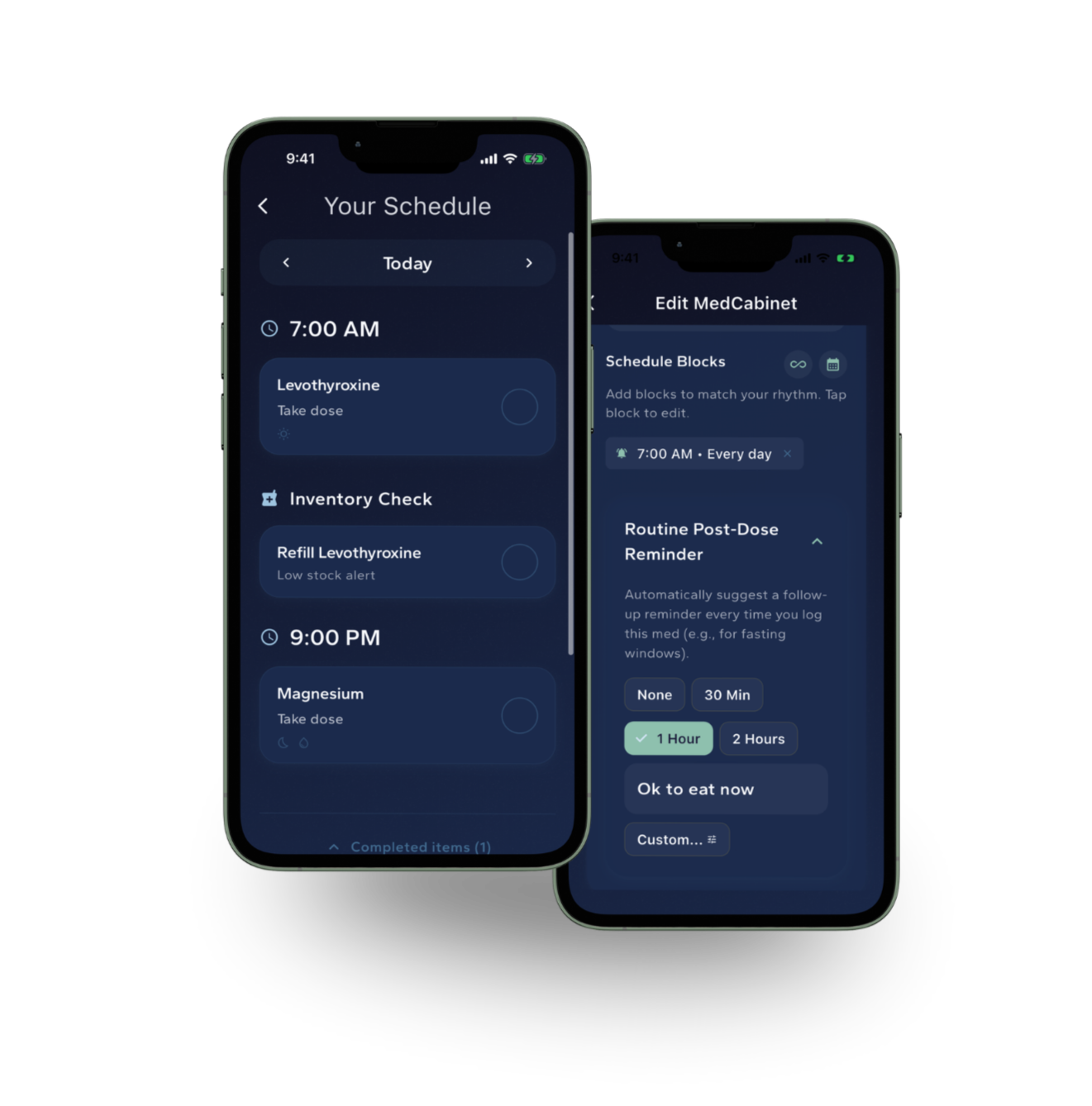 PillKeep App Daily Schedule user interface screenshots- Dark theme Two dark-themed smartphones displaying the PillKeep app's clean daily timeline. The screens show timed medication logs for Levothyroxine at 7:00 AM and Magnesium at 9:00 PM, alongside an automated post-dose countdown timer and a medication refill reminder.